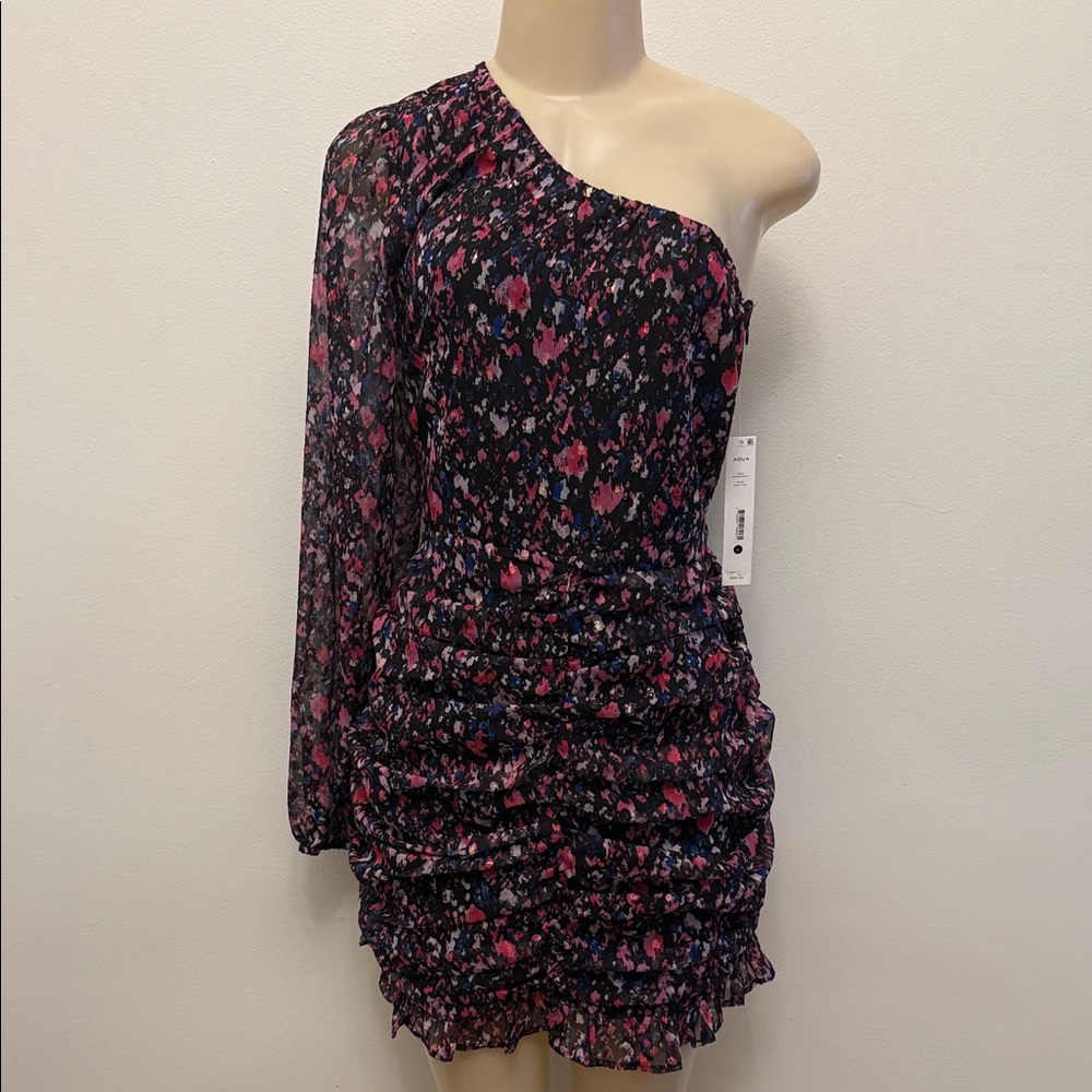 Aqua Dress One-Shoulder Abstract Ruched Floral Mini Knee Length Feminine Size L